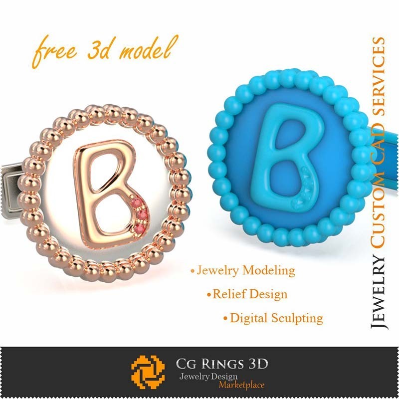 字母B袖扣 - 免费3D CAD珠宝之家，珠宝3D CAD，免费3D珠宝，袖扣3D CAD，3D鲸背闭合C
