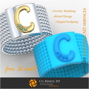 Ring mit Buchstabe C - Kostenlose 3D-Schmuckvorlage, 3D-Schmuck-CAD, Kostenlose 3D-Schmuckmodelle, 3D-Ringe CAD, 3D-Trauringe, 2