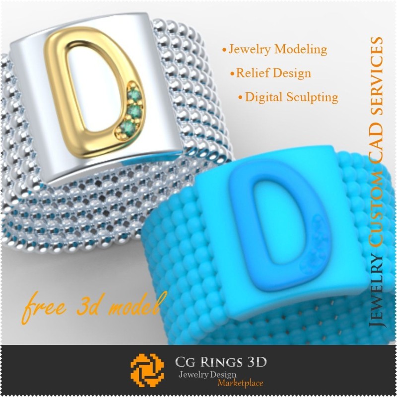 Bague avec lettre D - Modèle 3D de bijoux gratuit, Bijoux 3D CAO, Bijoux 3D gratuits, Bagues 3D CAO, Alliances 3D, Anneaux