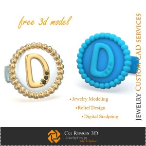 字母 D 袖扣 - 免费 3D CAD 珠宝之家, 珠宝 3D CAD, 免费 3D 珠宝, 袖扣 3D CAD, 3D 鲸尾扣 C 2