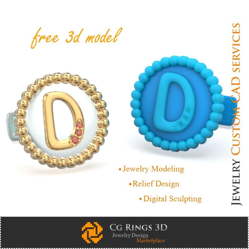 Manschettenknöpfe mit Buchstabe D - Kostenlose 3D-CAD-Schmuckvorlage, Schmuck 3D-CAD, Kostenloser 3D-Schmuck, Manschettenknöpfe