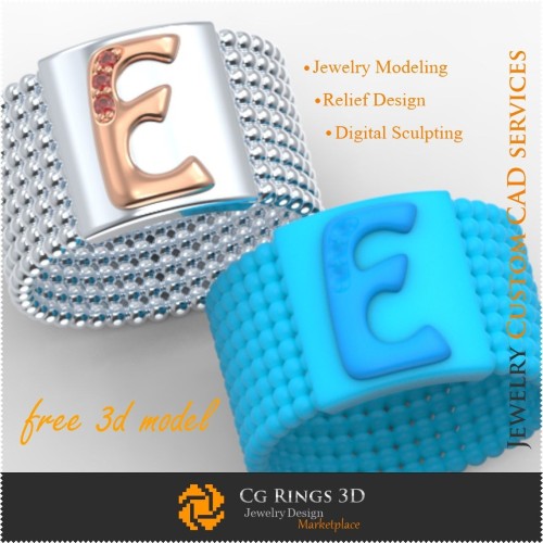带字母E戒指 - 免费3D首饰之家，首饰3D CAD，免费3D首饰，戒指3D CAD，结婚戒指3D，永恒戒指3D