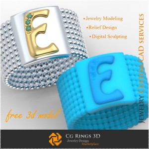 Ring mit Buchstabe E - Kostenlose 3D-Schmuckvorlage, 3D-Schmuck-CAD, Kostenlose 3D-Schmuckdateien, Ringe 3D-CAD, Eheringe 3D, 2