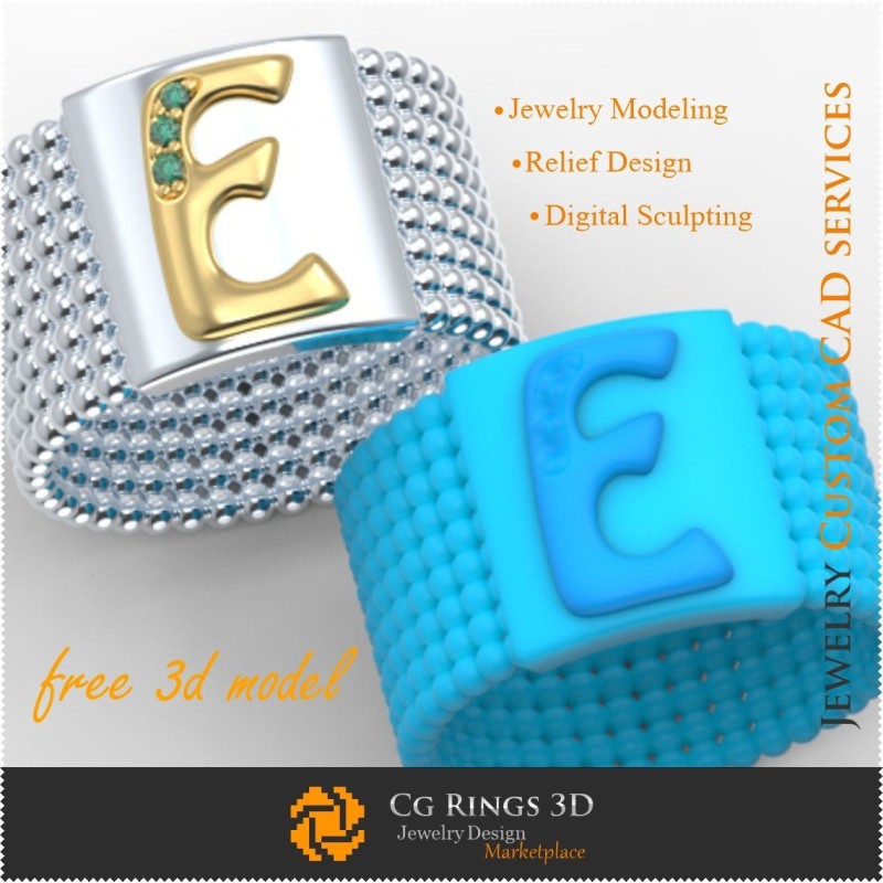 带字母E戒指 - 免费3D首饰之家，首饰3D CAD，免费3D首饰，戒指3D CAD，结婚戒指3D，永恒戒指3D