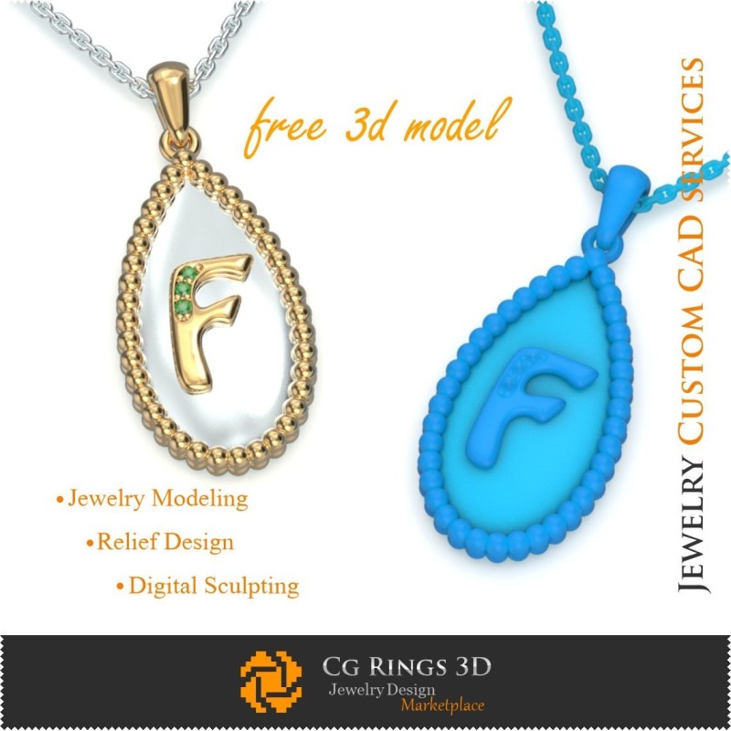 Pendant With Letter F - Free 3D CAD Jewelry Home, Jewelry 3D CAD, Free 3D Jewelry, Pendants 3D CAD , 3D Letter Pendants, 3D Bal
