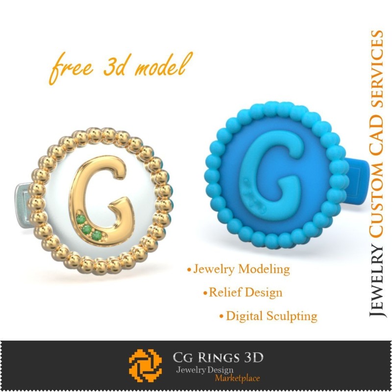 Gemelos con letra G - CAD 3D de joyería gratis, Joyería CAD 3D, Joyería 3D gratis, Gemelos CAD 3D, Cierre trasero en forma de