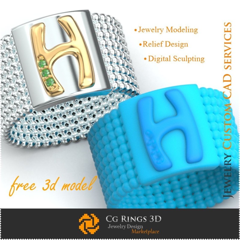 Anillo con letra H - Casa de joyería 3D gratuita, Joyería 3D CAD, Joyería 3D gratuita, Anillos 3D CAD, Alianzas de boda 3D,