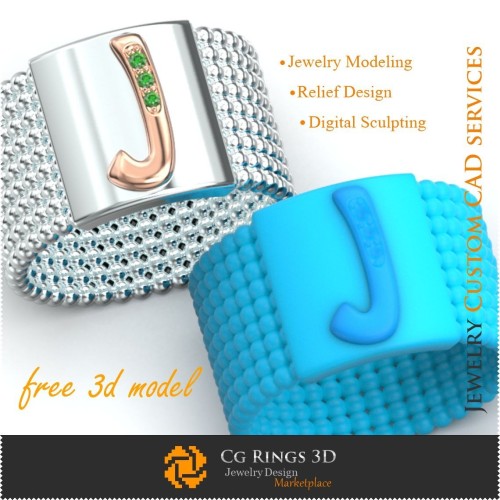 字母J戒指 - 免费3D珠宝家居, 珠宝3D CAD, 免费3D珠宝, 戒指3D CAD, 结婚戒指3D, 永恒戒指3D