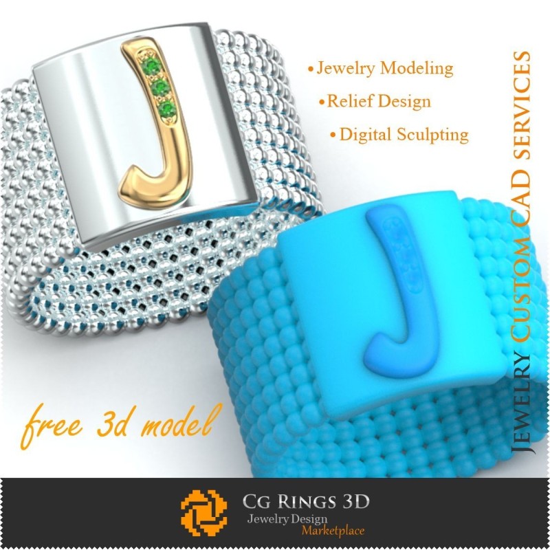 Inel cu litera J - Bijuterii 3D gratuite pentru acasă, CAD bijuterii 3D, bijuterii 3D gratuite, inele CAD 3D, verighete 3D,