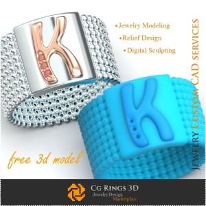 Bague avec lettre K - Bijoux 3D gratuits à domicile, Bijoux 3D CAO, Bijoux 3D gratuits, Bagues CAO 3D, Alliances 3D, Bagues