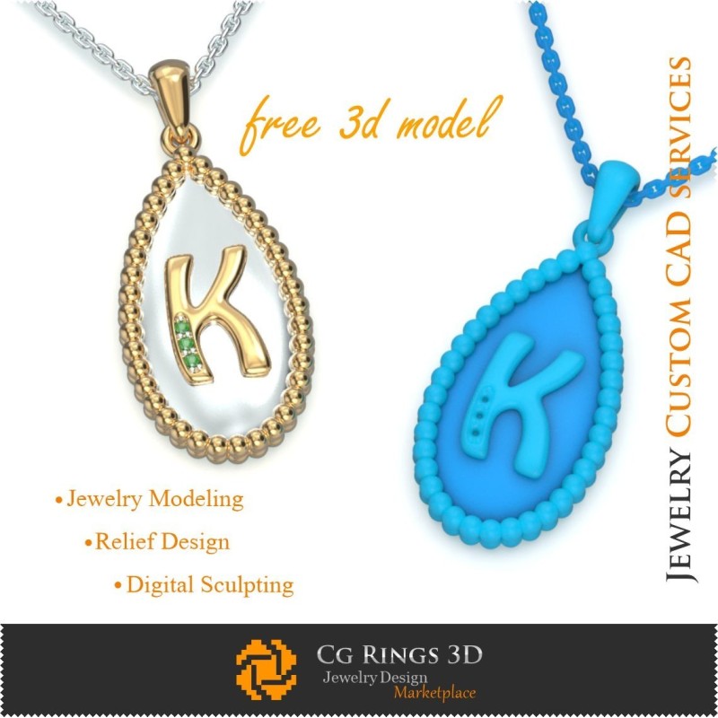 Colgante con la letra K - CAD 3D de joyería gratuito, CAD 3D para joyería, joyería 3D gratuita, colgantes CAD 3D, colgantes de