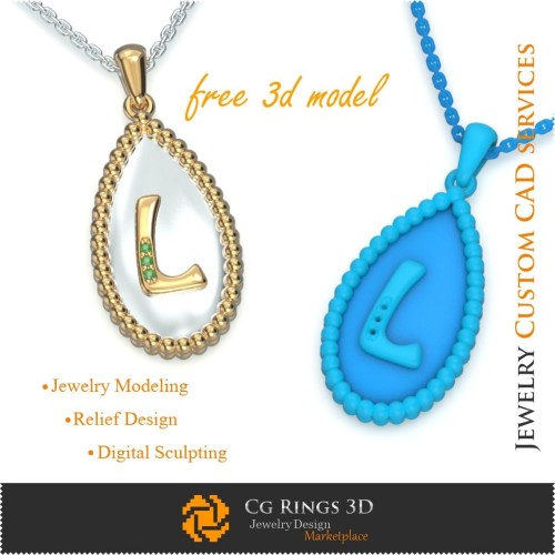 字母 L 吊坠 - 免费 3D CAD 珠宝之家，珠宝 3D CAD，免费 3D 珠宝，3D 吊坠 CAD，3D 字母 吊坠，3D 平衡
