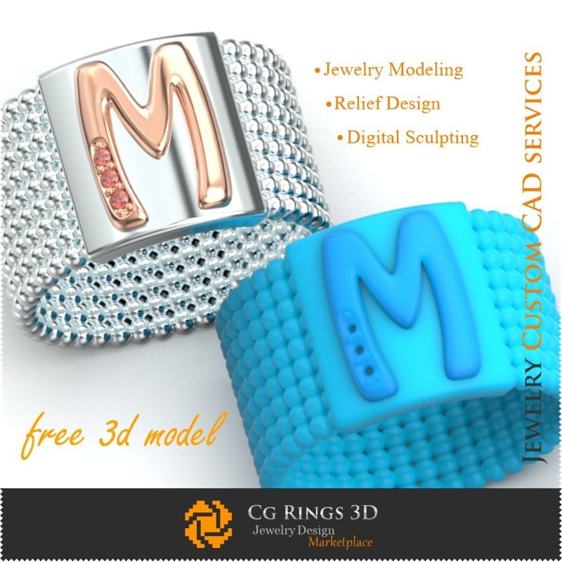 Bague avec la lettre M - Bijoux 3D gratuits à domicile, Bijoux 3D DAO, Bijoux 3D gratuits, Bagues 3D DAO, Alliances 3D, Anneaux
