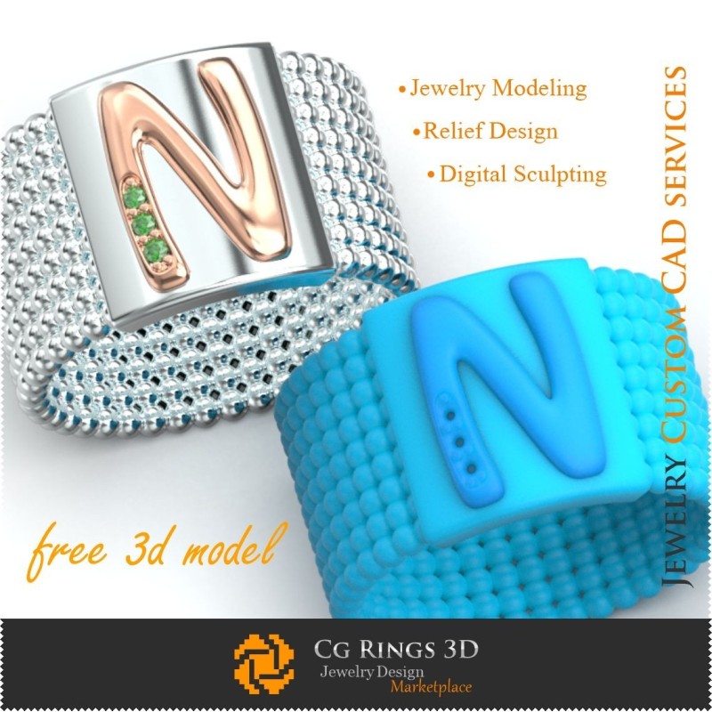 Anello con lettera N - Gioielli 3D gratuiti per la casa, Gioielli 3D CAD, Gioielli 3D gratuiti, Anelli 3D CAD, Fedine nuziali