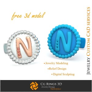 字母 N 袖扣 - 免费 3D CAD 珠宝之家, 珠宝 3D CAD, 免费 3D 珠宝, 袖扣 3D CAD, 3D 鲸尾后扣