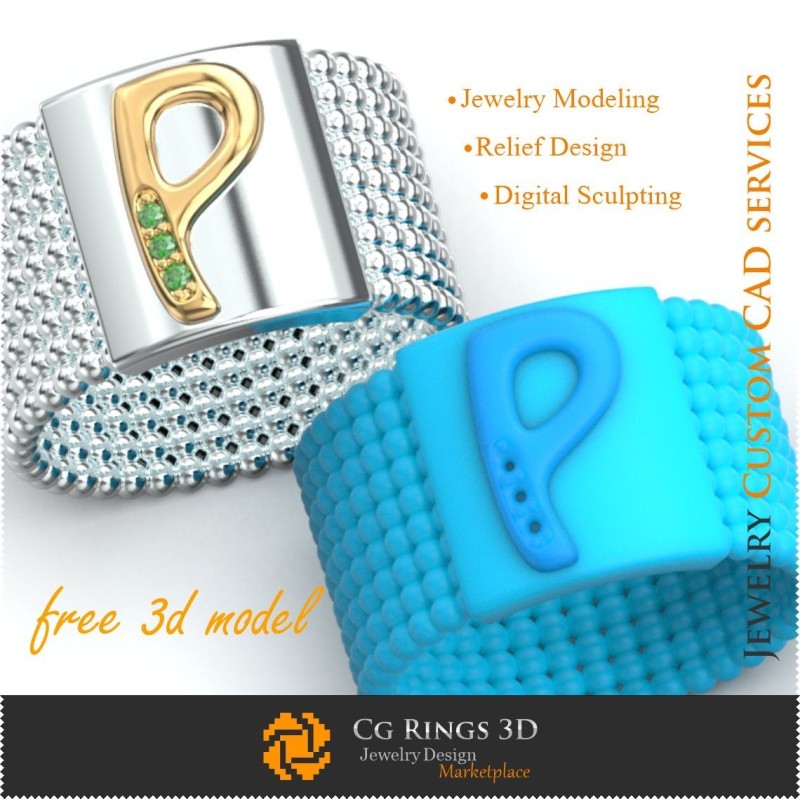 Bague avec lettre P - Bijoux 3D gratuits, Bijoux 3D CAD, Modèles 3D gratuits de bijoux, Anneaux 3D CAD, Alliances 3D, Anneaux