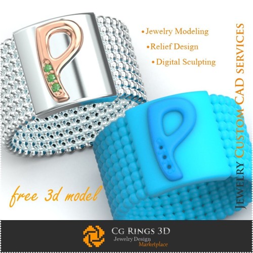 Anillo con letra P - Joyería 3D gratuita para el hogar, Joyería 3D CAD, Joyería 3D gratuita, Anillos 3D CAD, Alianzas de boda