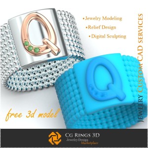 Anillo con la letra Q - Joyería 3D gratuita para el hogar, Joyería 3D CAD, Joyería 3D gratuita, Anillos 3D CAD, Colgantes 3D 2