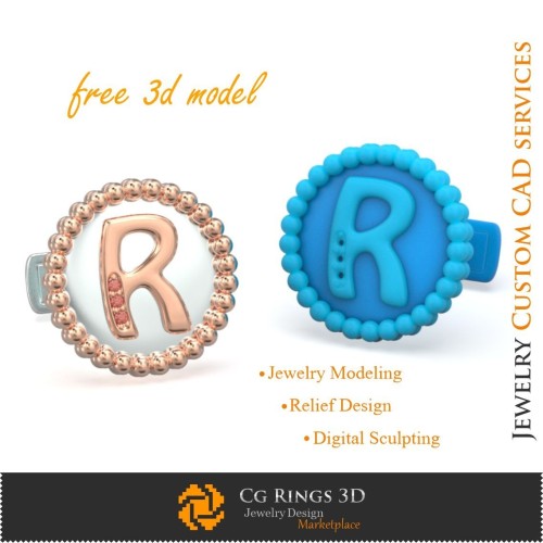 字母 R 袖扣 - 免费 3D CAD 珠宝之家，珠宝 3D CAD，免费 3D 珠宝，袖扣 3D CAD，3D 鲸尾背部扣 C
