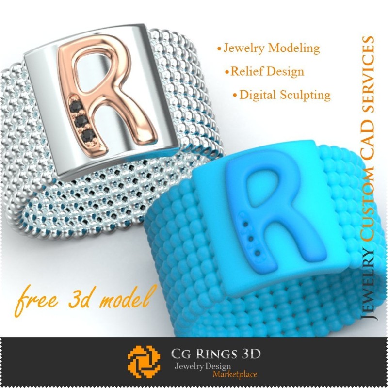 带字母R的戒指 - 免费3D珠宝家居、珠宝3D CAD、免费3D珠宝、戒指3D CAD、结婚戒指3D、永恒戒指3D
