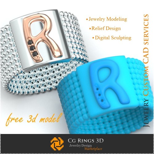 Inel cu litera R - Bijuterii 3D gratuite pentru acasă, CAD bijuterii 3D, Bijuterii 3D gratuite, Inele CAD 3D, Verighete 3D,