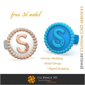 带字母 S 的袖扣 - 免费 3D CAD 珠宝之家，珠宝 3D CAD，免费 3D 珠宝，袖扣 3D CAD，带翻盖式鲸尾扣的 3D 袖扣 C