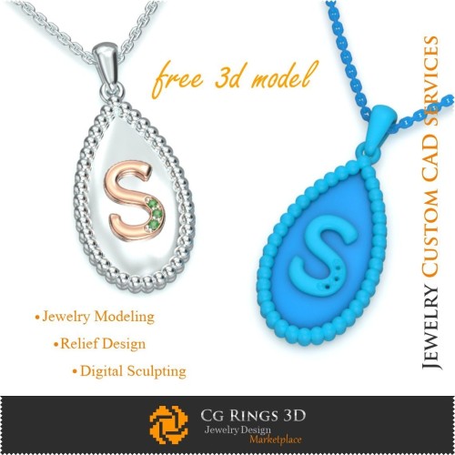 Pendente con lettera S - CAD 3D gioielleria gratuito, CAD 3D gioielli, gioielli 3D gratuiti, ciondoli CAD 3D, ciondoli 3D