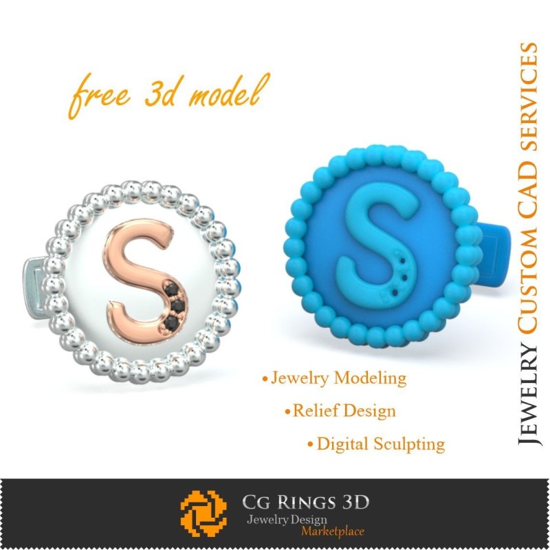 Cufflinks With Letter S - Free 3D CAD Jewelry Home, Jewelry 3D CAD, Free 3D Jewelry, Cufflinks 3D CAD , 3D Whale Back Closure C