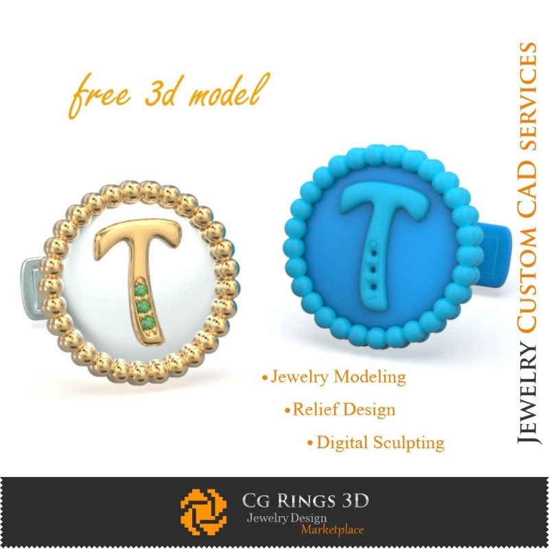 Manschettenknöpfe mit Buchstabe T - Kostenlose 3D-CAD-Schmuckvorlage, Schmuck 3D-CAD, Kostenlose 3D-Schmuckvorlage,