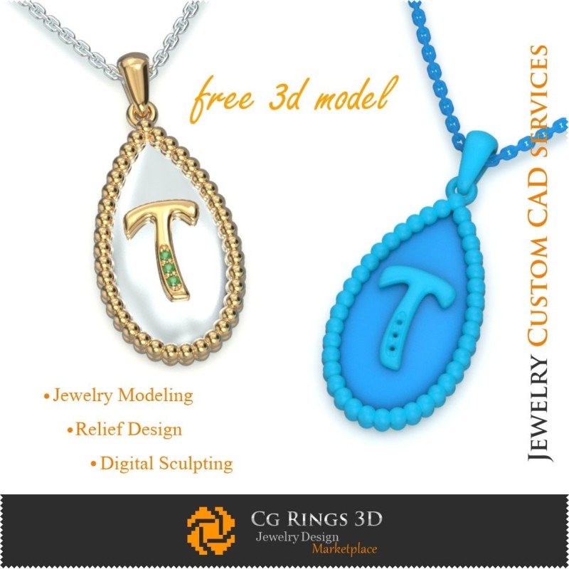 Anhänger mit Buchstabe T - Kostenlose 3D-CAD-Schmuckvorlage, 3D-CAD-Schmuck, Kostenloser 3D-Schmuck, 3D-CAD-Anhänger,