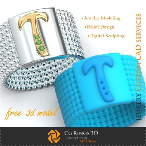 Anello con lettera T - Free 3D Jewelry Home, Jewelry 3D CAD, Free 3D Jewelry, Rings 3D CAD, Wedding Bands 3D, Eternity Bands 3D 2