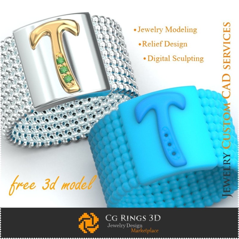 Inel cu litera T - Bijuterii 3D gratuite pentru acasă, Bijuterii 3D CAD, Bijuterii 3D gratuite, Inele 3D CAD, Verighete 3D,