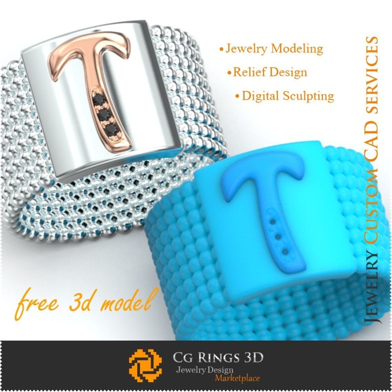 Anillo con letra T - Casa de joyería 3D gratis, Joyería 3D CAD, Joyería 3D gratuita, Anillos 3D CAD, Alianzas de boda 3D,