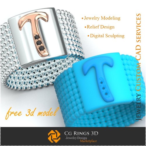Anello con lettera T - Free 3D Jewelry Home, Jewelry 3D CAD, Free 3D Jewelry, Rings 3D CAD, Wedding Bands 3D, Eternity Bands 3D