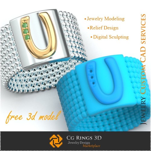 Bague avec lettre U - Bijoux 3D gratuits à domicile, Bijoux 3D CAD, Bijoux 3D gratuits, Bagues 3D CAD, Alliances 3D, Bagues