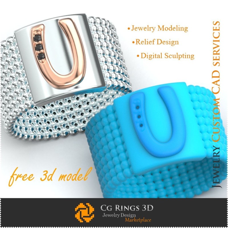 Ring mit Buchstabe U - Kostenlose 3D-Schmuckvorlage, 3D-Schmuck-CAD, Kostenlose 3D-Schmuckmodelle, Ringe 3D-CAD, Eheringe 3D,