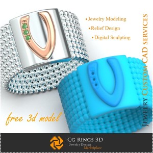 Ring mit Buchstabe V - Kostenlose 3D-Schmuckvorlage, Schmuck 3D CAD, Kostenloser 3D-Schmuck, Ringe 3D CAD, Eheringe 3D,