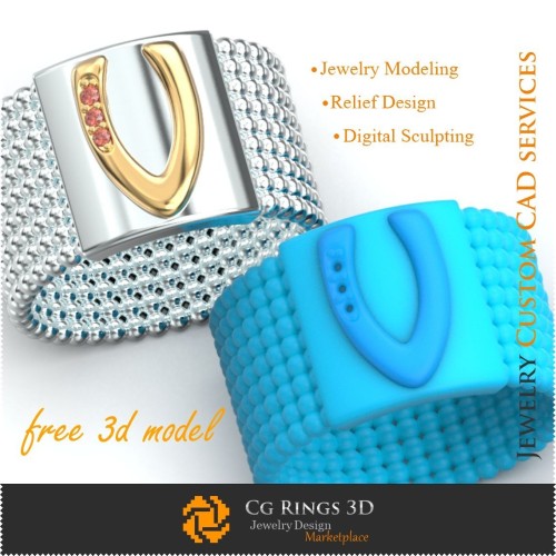 Inel cu litera V - 3D bijuterii gratuite pentru acasă, CAD 3D bijuterii, 3D bijuterii gratuite, inele CAD 3D, verighete 3D,