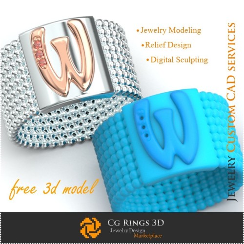 Ring mit Buchstabe W - Kostenlose 3D-Schmuckvorlage, 3D-Schmuck-CAD, kostenloser 3D-Schmuck, Ringe 3D-CAD, Eheringe 3D,