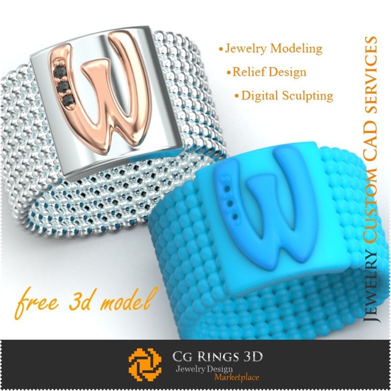 Ring With Letter W - Free 3D Jewelry Home, Jewelry 3D CAD, Free 3D Jewelry, Rings 3D CAD , Wedding Bands 3D, Eternity Bands 3D,