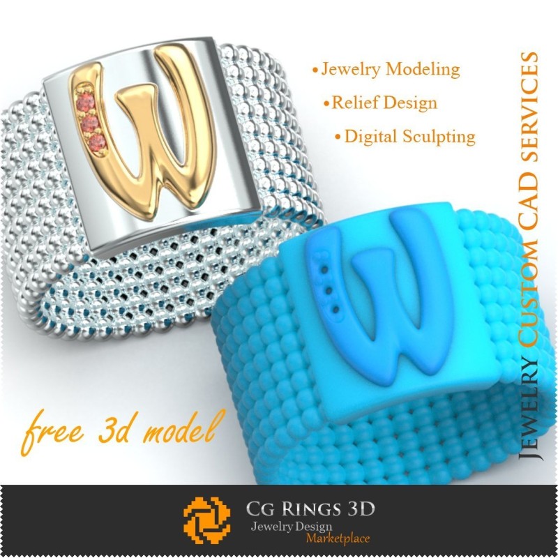 Inel cu litera W - Bijuterii 3D gratuite pentru acasă, CAD 3D bijuterii, Bijuterii 3D gratuite, Inele CAD 3D, Verighete 3D,