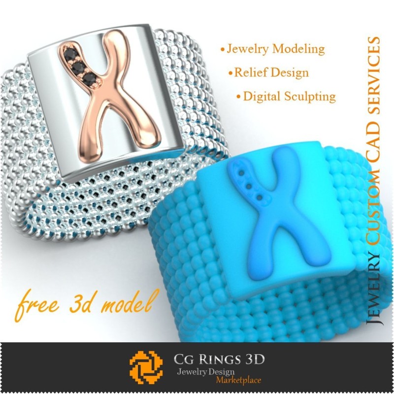 Anillo con letra X - Casa de joyería 3D gratuita, Joyas 3D CAD, Joyas 3D gratis, Anillos 3D CAD, Alianzas de boda 3D, Aros de