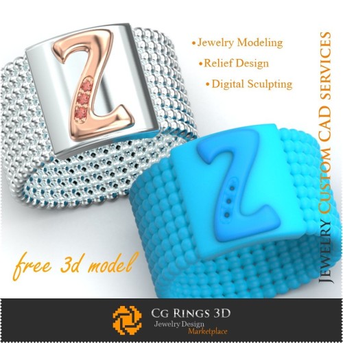 Anillo con letra Z - Joyería 3D gratis para el hogar, Joyería 3D CAD, Joyería 3D gratuita, Anillos 3D CAD, Alianzas de boda 3D,