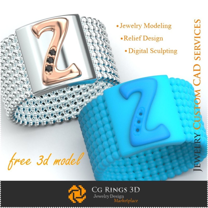 Anello con lettera Z - Gioielli 3D gratuiti per la casa, Gioielleria 3D CAD, Gioielli 3D gratuiti, Anelli 3D CAD, Fedi nuziali