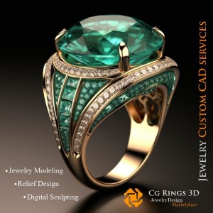 Anillo con esmeralda y diamantes - CAD 3D de joyería para el hogar, IA - CAD 3D de joyería, IA - CAD 3D de anillos, IA - CAD 3D