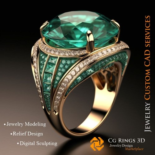 Anillo con esmeralda y diamantes - CAD 3D de joyería para el hogar, IA - CAD 3D de joyería, IA - CAD 3D de anillos, IA - CAD 3D