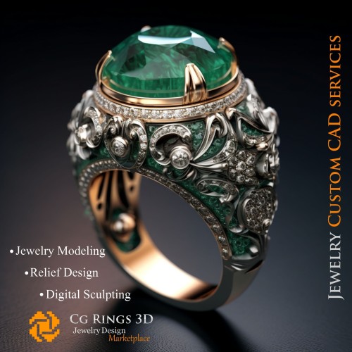 Anillo con esmeralda y diamantes - CAD 3D de joyería para el hogar, IA - CAD 3D de joyería, IA - CAD 3D de anillos, IA - CAD 3D