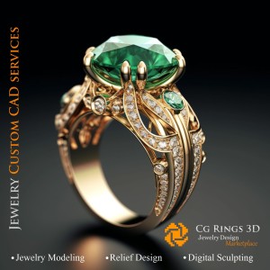 Anillo con esmeralda y diamantes - CAD 3D de joyería para el hogar, IA - CAD 3D de joyería, IA - CAD 3D de anillos