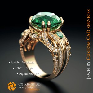 Anillo con esmeralda y diamantes - CAD 3D de joyería para el hogar, IA - CAD 3D de joyería, IA - CAD 3D de anillos 2