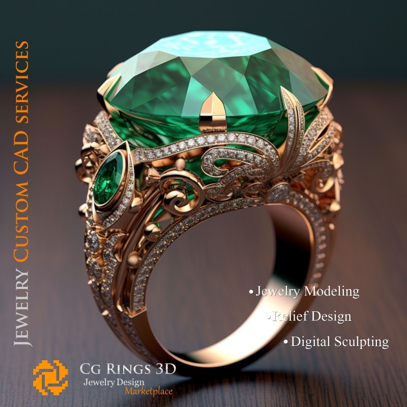 Anillo con esmeralda y diamantes - CAD 3D de joyería para el hogar, IA - CAD 3D de joyería, IA - CAD 3D de anillos